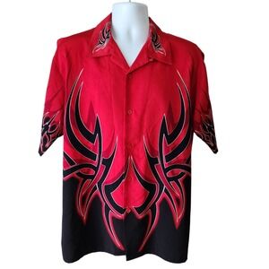 Vintage Y2K Sapphire Lounge Tribal Flame Button Front Shirt Men's Large Red